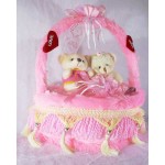 Beautiful Pink Decorated Heart Cake Plush Cushion with Love Couple Teddy Bears